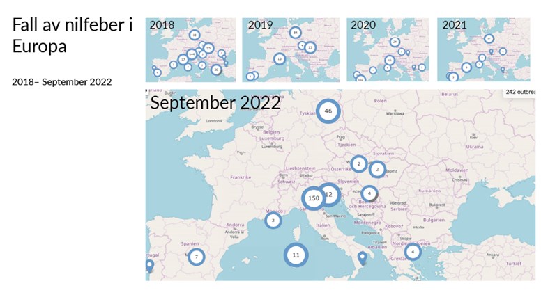 Karta visar utbrott av nilfeber i Europa 2018 till 2022