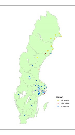 Karta över Sverige med markerade fyndplatser.